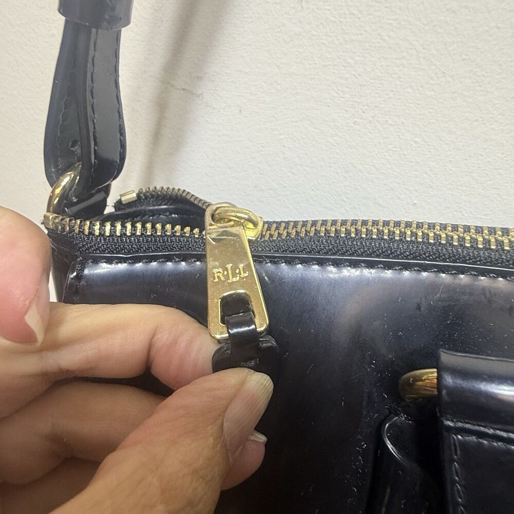 Lauren Ralph Lauren RLL Vintage Black Patent Faux Leather Satchel Tote Bag - Picture 4 of 12